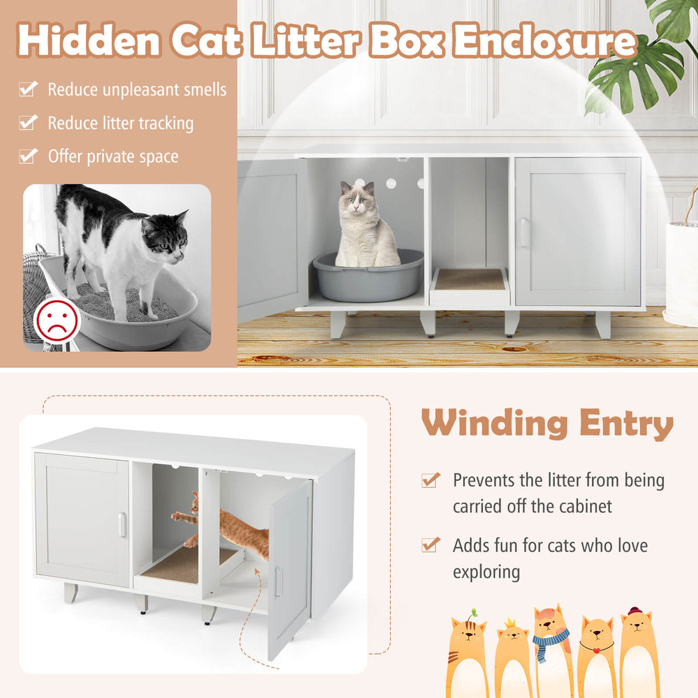 Gray cat litter box enclosure with winding entry and magnetic catches, providing a private space for your cats' comfort.