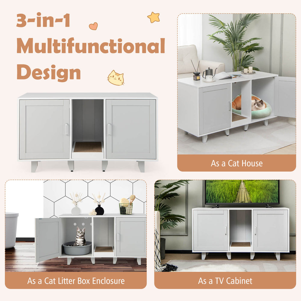 Gray 2-door cat litter box enclosure with winding entry, also serves as a TV cabinet or side table for versatile use.