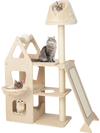 Multi-level cat tree in beige featuring a sisal scratching post, padded perches, and cozy hammocks for playful cats.