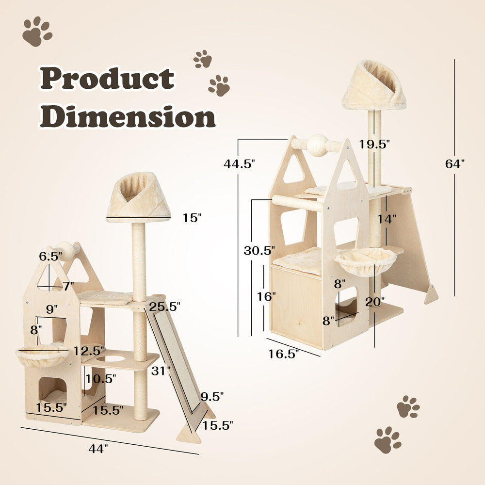 Multi-level cat tree with sisal scratching post in beige, featuring padded perch and hammock for play and rest.