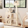 Multi-level cat tree in beige with sisal scratching post, padded perch, and hammock for climbing and resting.