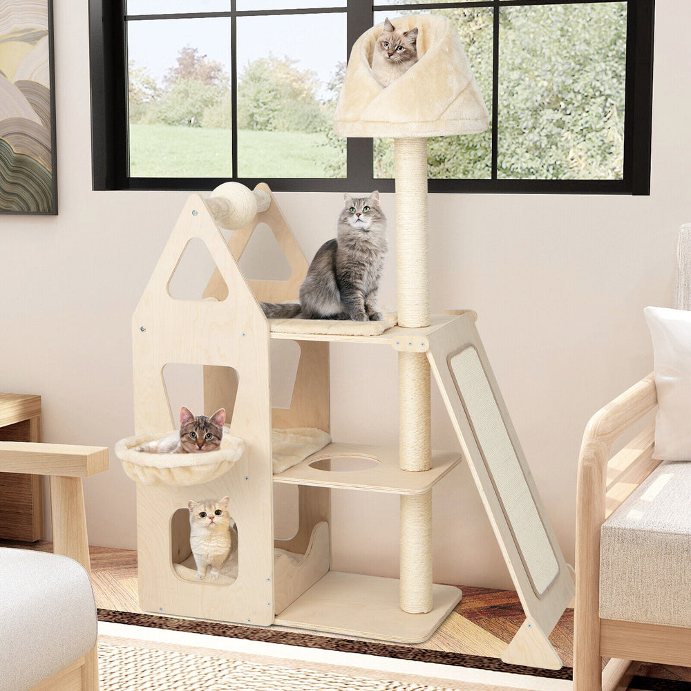 Multi-level cat tree in beige with sisal scratching post, padded perch, and hammock for climbing and resting.