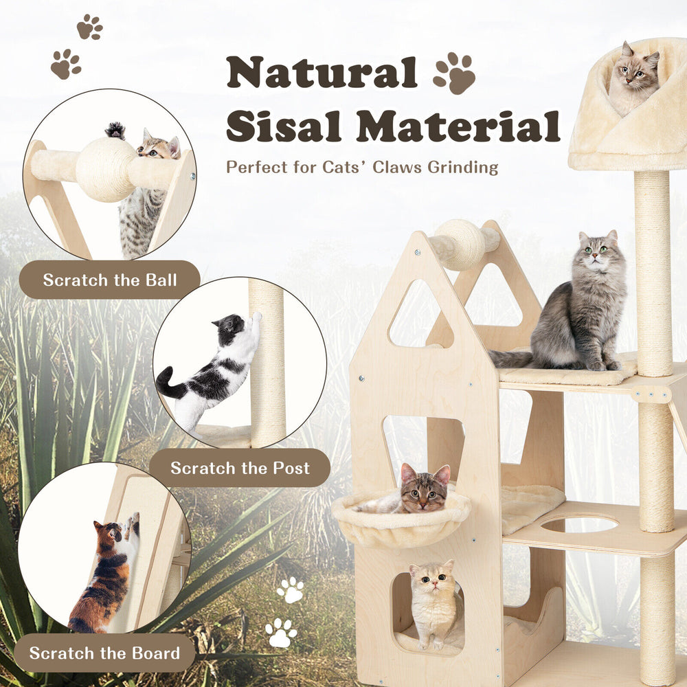 Multi-level cat tree in beige with sisal scratching post, padded perch, and hammock for playful and restful cats.
