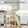 Multi-level cat tree with sisal scratching post, beige color, featuring padded perch and cozy hammock for play and rest.