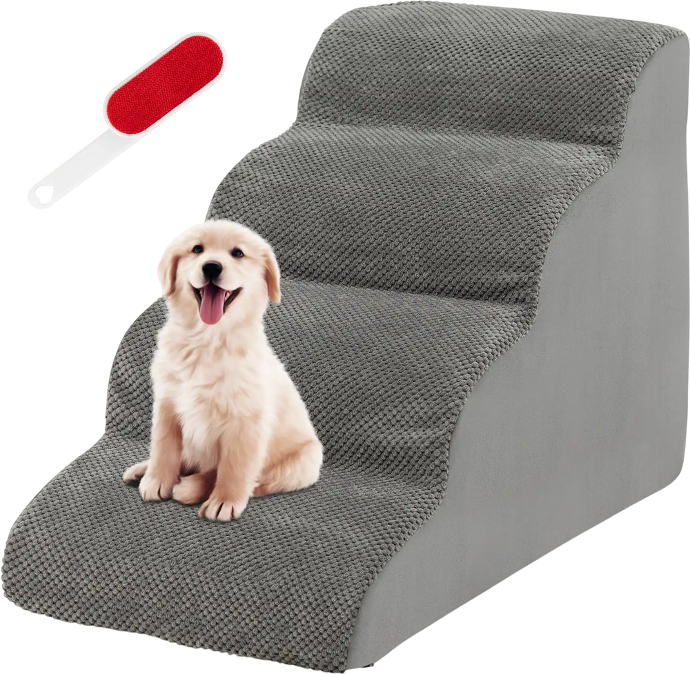 Gray 4-tier foam dog steps with non-slip surface, ideal for pets to access beds and sofas easily.