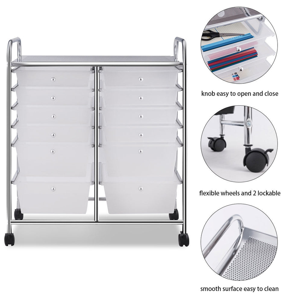 Detail shot of the 12-drawer rolling cart's easy-grab handles and smooth surface, perfect for versatile organization.
