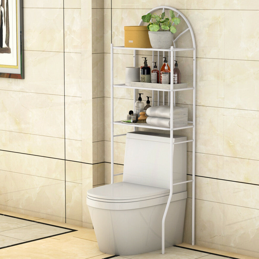 3-tier over-the-toilet storage rack made of durable powder-coated iron, maximizing bathroom space with stylish shelves.