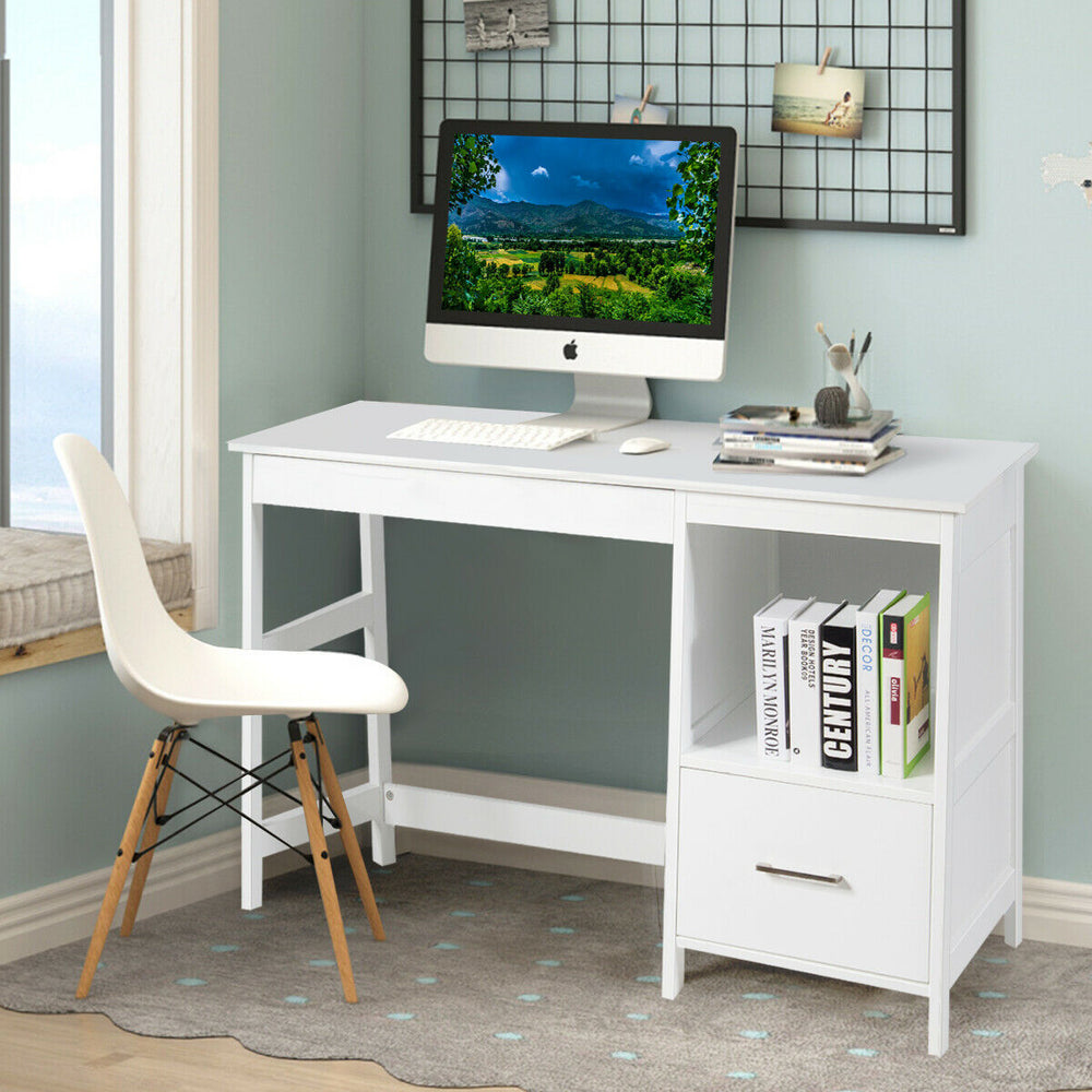 47.5-inch modern white computer desk showcasing a clean design with spacious top surface and two drawers for efficient.