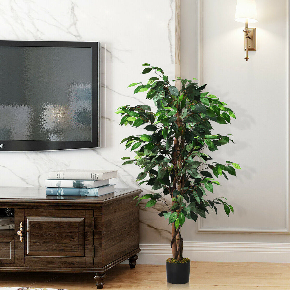 4-foot artificial ficus tree with 504 realistic leaves and a sturdy cement base, perfect for indoor or outdoor decor.
