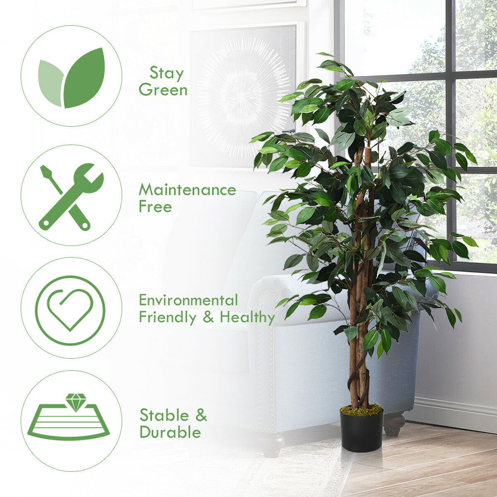 Detailed view of the 4-foot artificial ficus tree showcasing the realistic leaves and vibrant texture for home or.