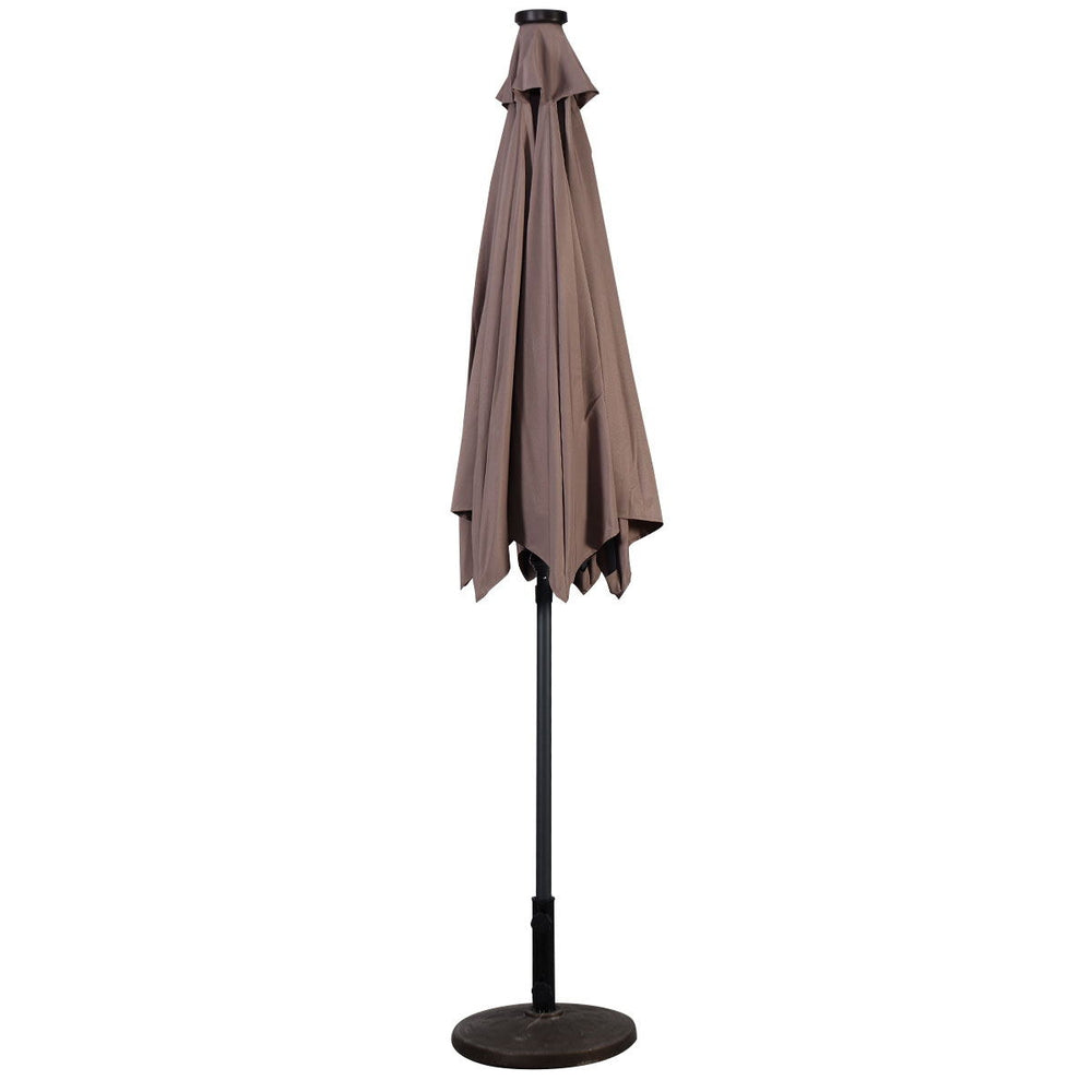9FT tan patio solar umbrella with steel pole, crank lift, and LED lights, ideal for outdoor use and sun protection.