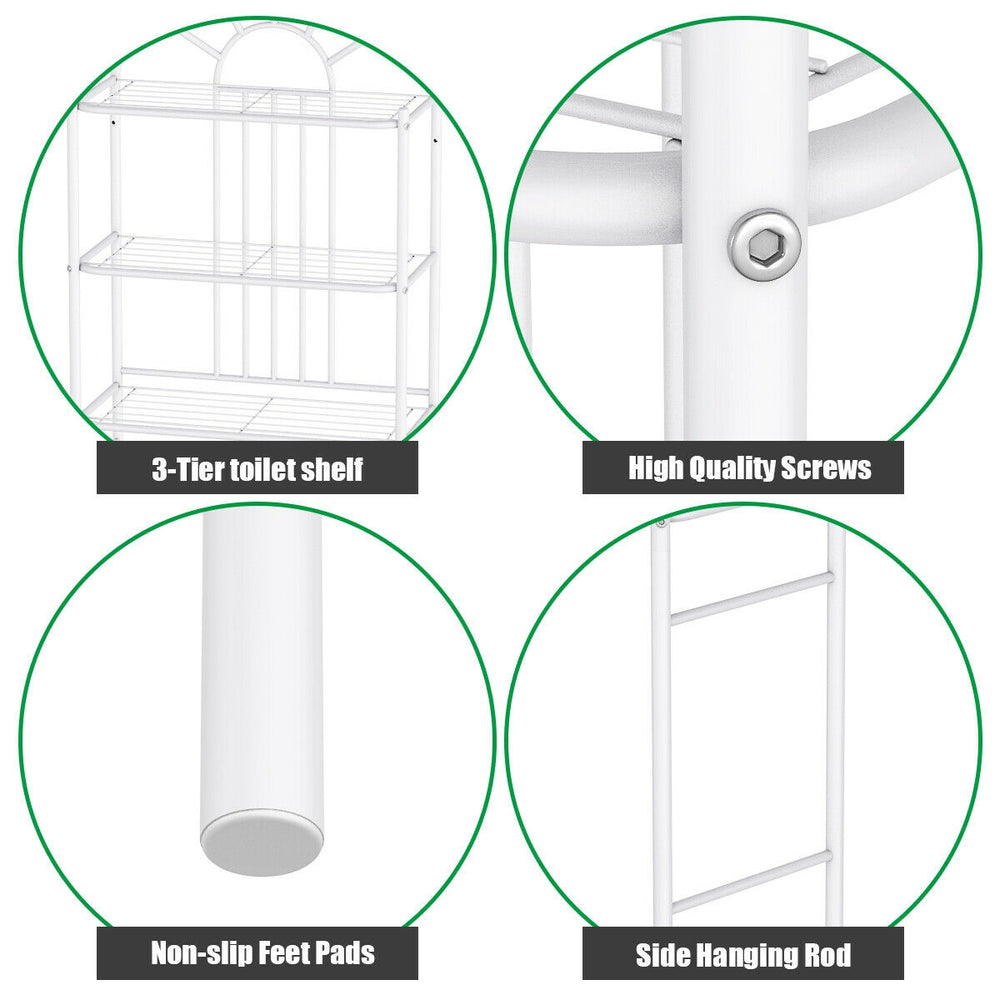3-tier bathroom rack showcasing high-quality screws, non-slip feet pads, and a side hanging rod for optimal storage.
