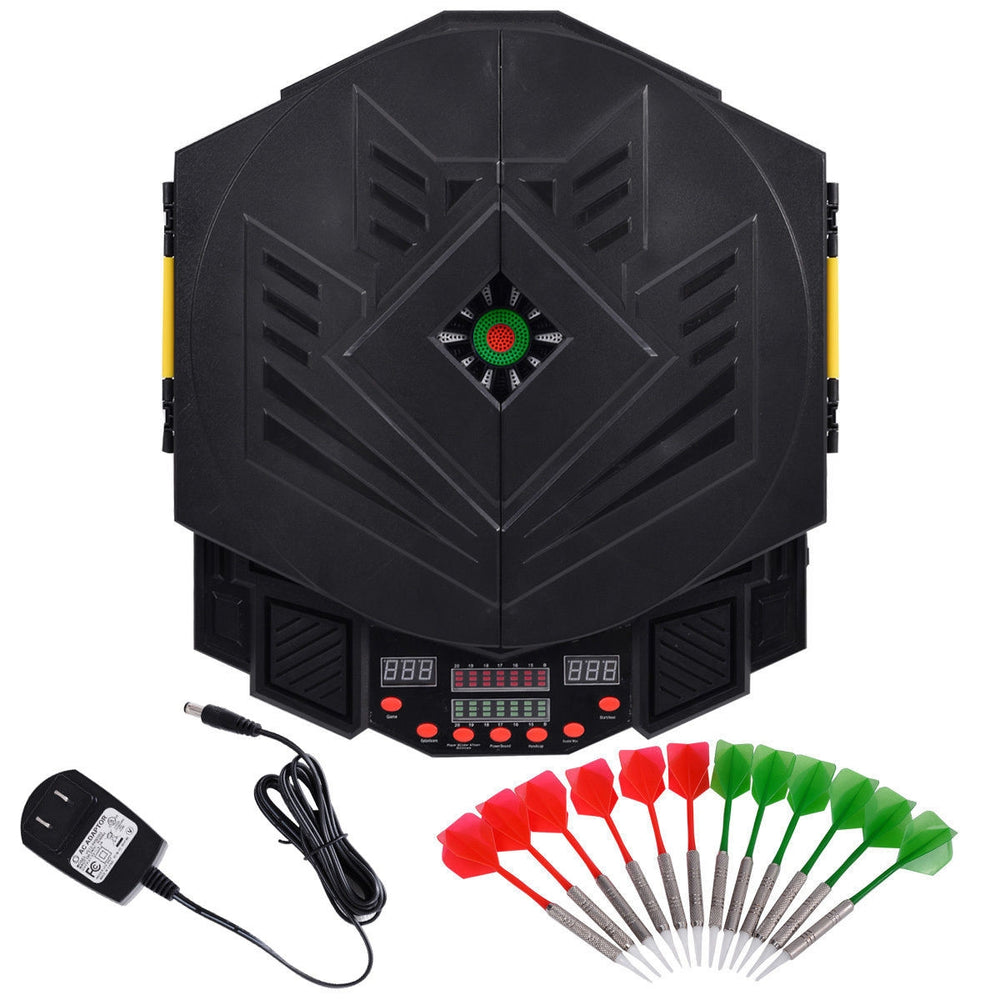 Professional electronic dartboard set with LCD display, featuring 27 games and 12 included soft tip darts for game room.