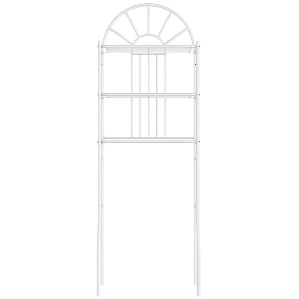 3-tier over-the-toilet storage rack in white, made of durable powder-coated iron, ideal for maximizing bathroom space.