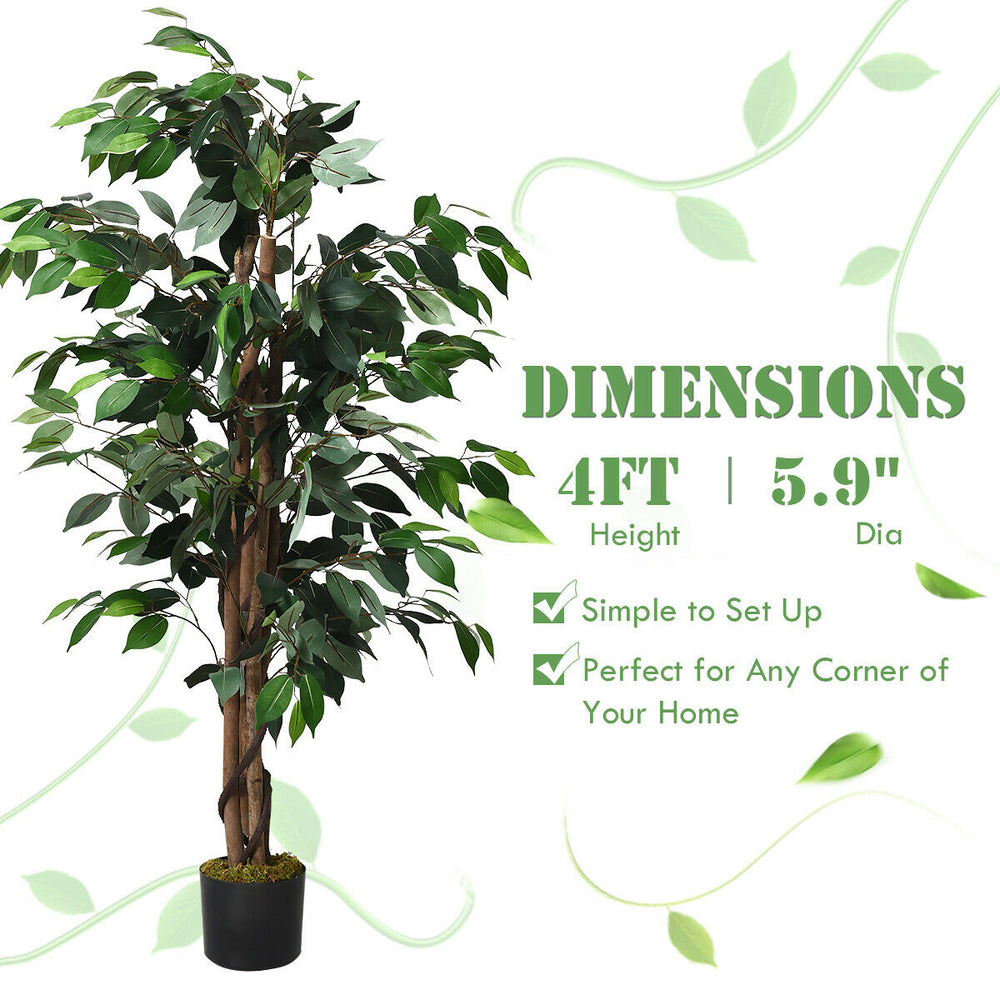 Artificial 4ft ficus silk tree with 504 realistic leaves and cement base, perfect for home or office decor.
