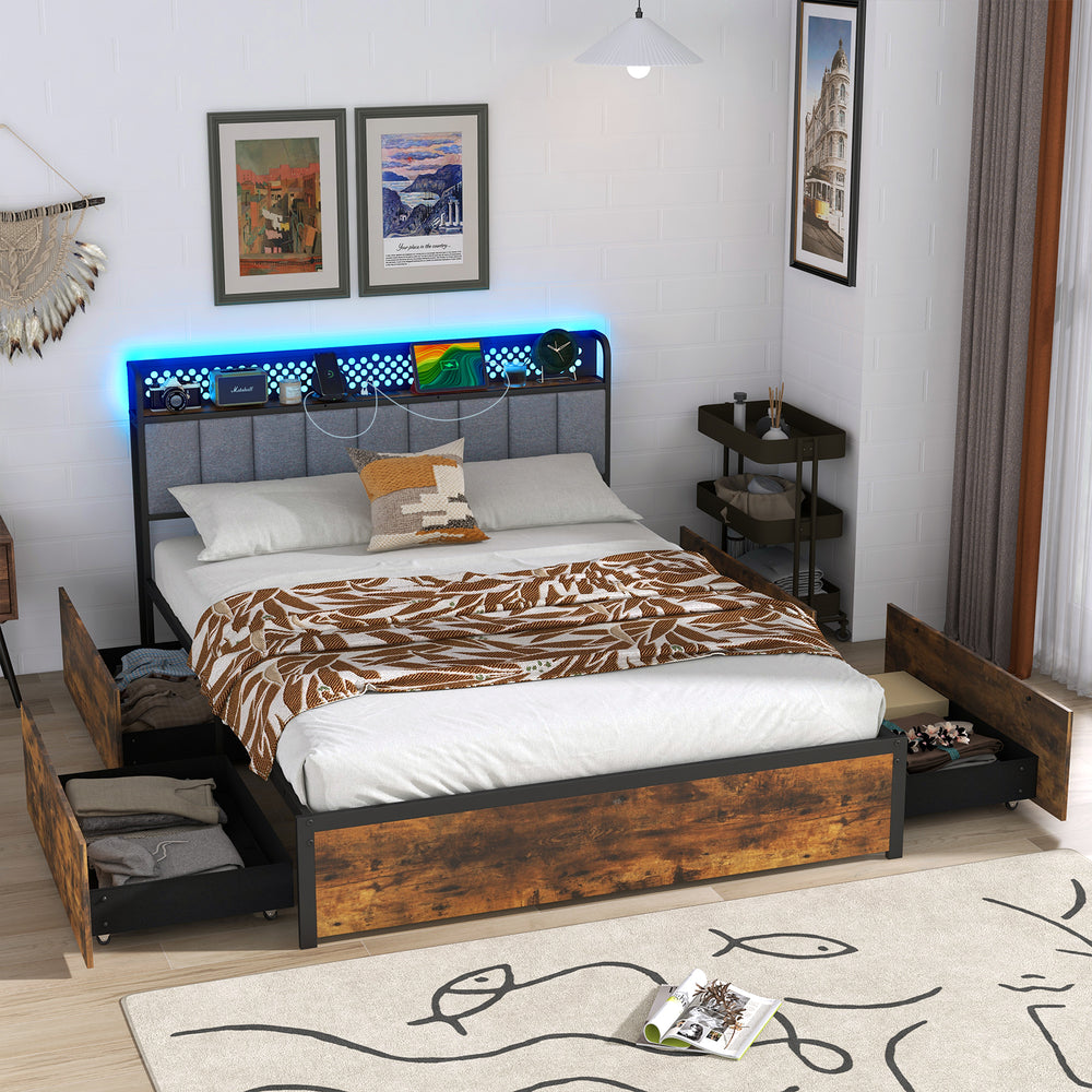 Twin/Full/Queen Bed Frame with LED Lights, Upholstered Headboard and 4 Storage Drawers-Queen Size - Gallery View 1 of 11