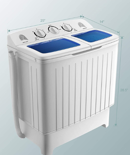 20 lbs compact twin tub washing machine with dimensions 25" L x 14" W x 28.5" H, perfect for home use in small spaces.