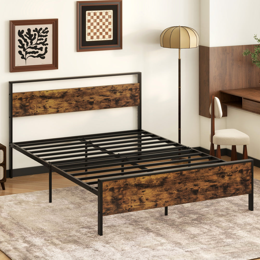 Queen Metal Bed Frame Industrial Platform Bed with Wooden Headboard-Queen Size - Gallery View 1 of 10