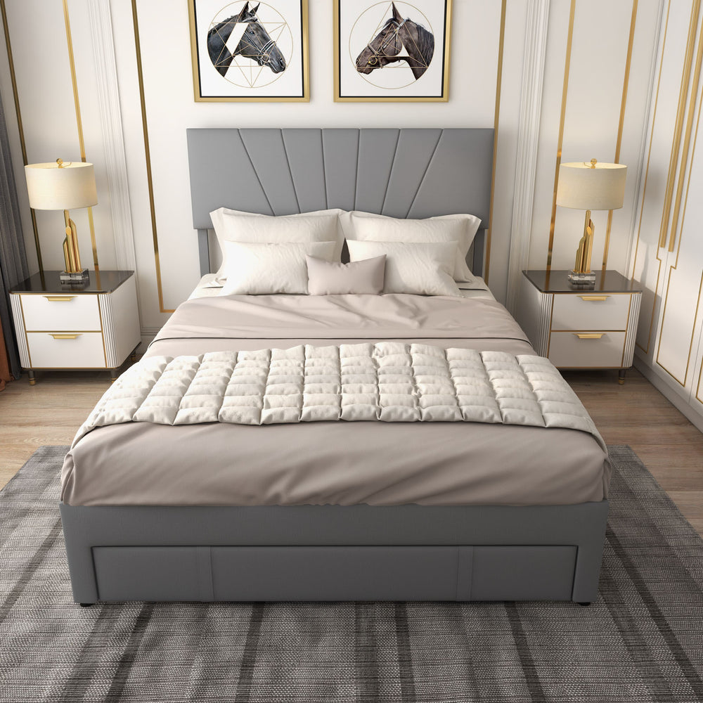 Full/Queen Size Upholstered Bed Frame with Drawer and Adjustable Headboard-Queen Size - Gallery View 1 of 10