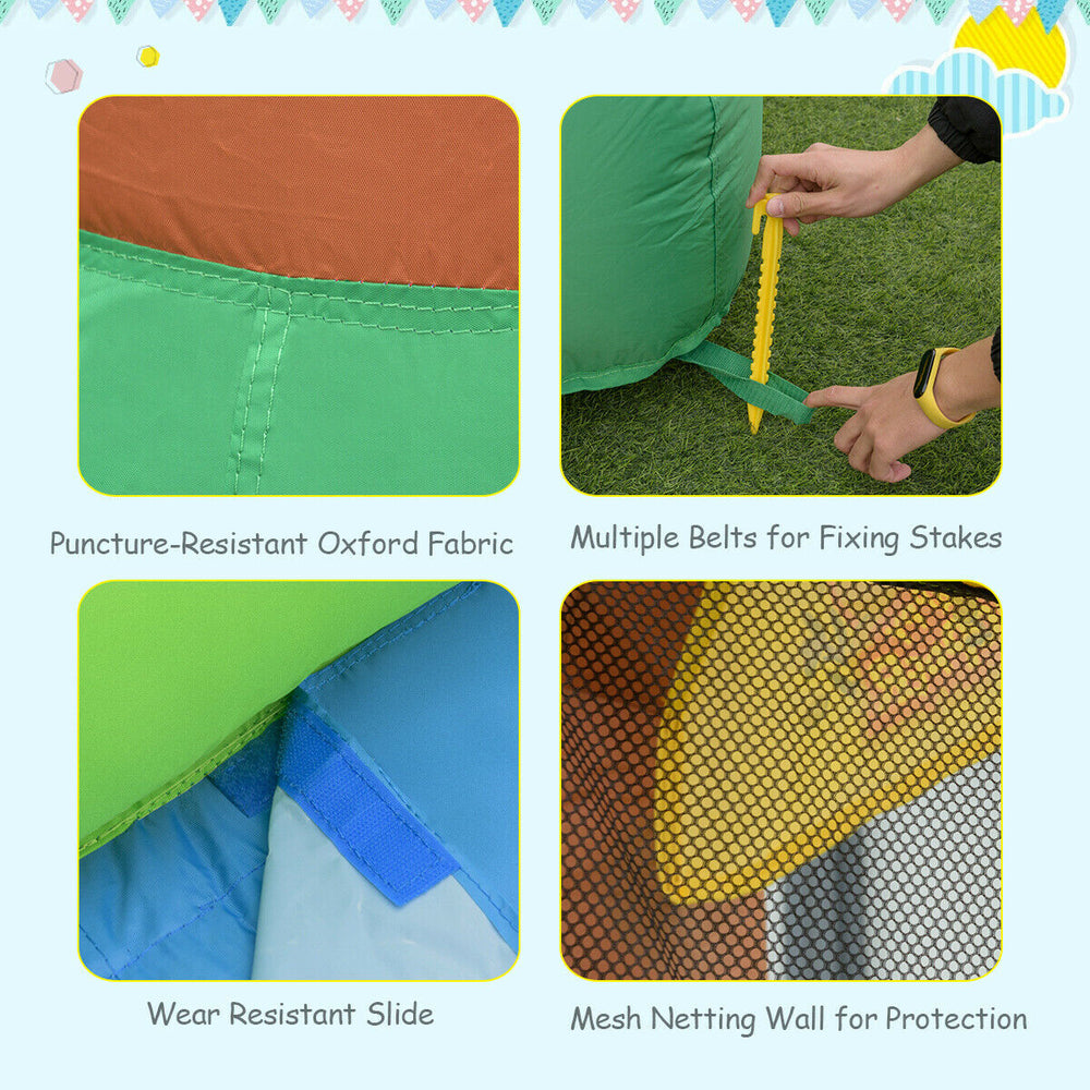 Close-up of the Kids Inflatable Jungle Bounce House showing puncture-resistant oxford fabric and mesh netting for.