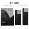 2-in-1 black waterproof sleeping bag shown as a double bag and two separate bags, includes two pillows for camping.