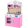 Kids wooden pretend cooking playset in pink with realistic features, perfect for imaginative role play and creativity.