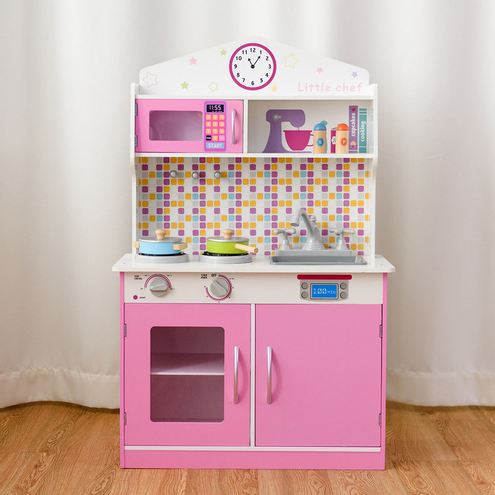 Kids wooden pretend cooking playset in pink with realistic features, ideal for imaginative play and creativity.