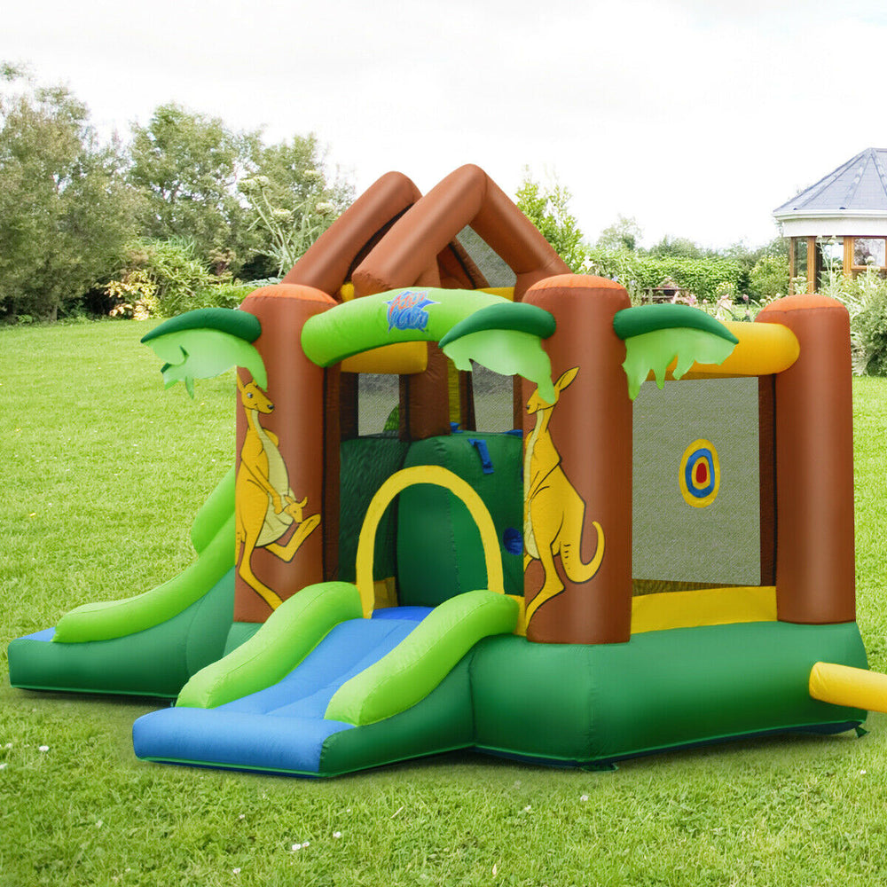 Kids inflatable jungle bounce house with slides and climbing wall, made of puncture-resistant 420D oxford fabric for.