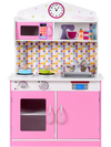Kids wooden pretend cooking playset in pink with realistic features, sturdy MDF construction, perfect for imaginative.