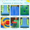 Kids inflatable bounce house with trampoline, slides, climbing wall, and dart area for outdoor fun and safety.
