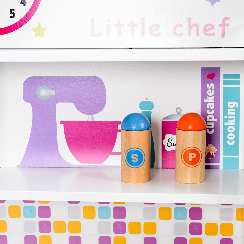 Colorful wooden salt and pepper shakers from the kids' pretend cooking playset, perfect for imaginative kitchen play.