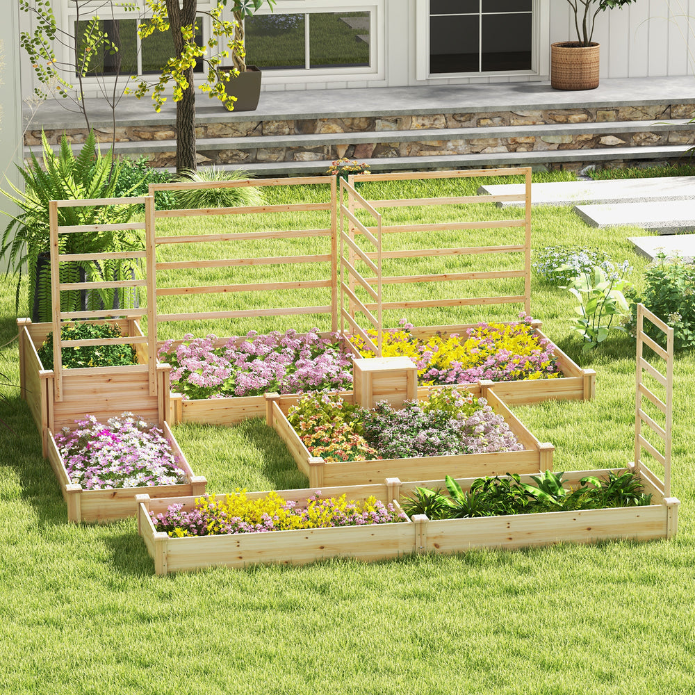 Raised garden bed made of fir wood with compost bin, featuring flowers and herbs for versatile gardening in your.