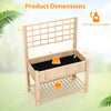 Raised garden bed with trellis in natural fir wood, featuring dimensions and drainage system for growing plants.