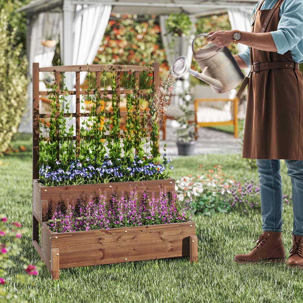 2-tier wood planter box with trellis, featuring rustic brown finish, ideal for growing vegetables and climbing plants.