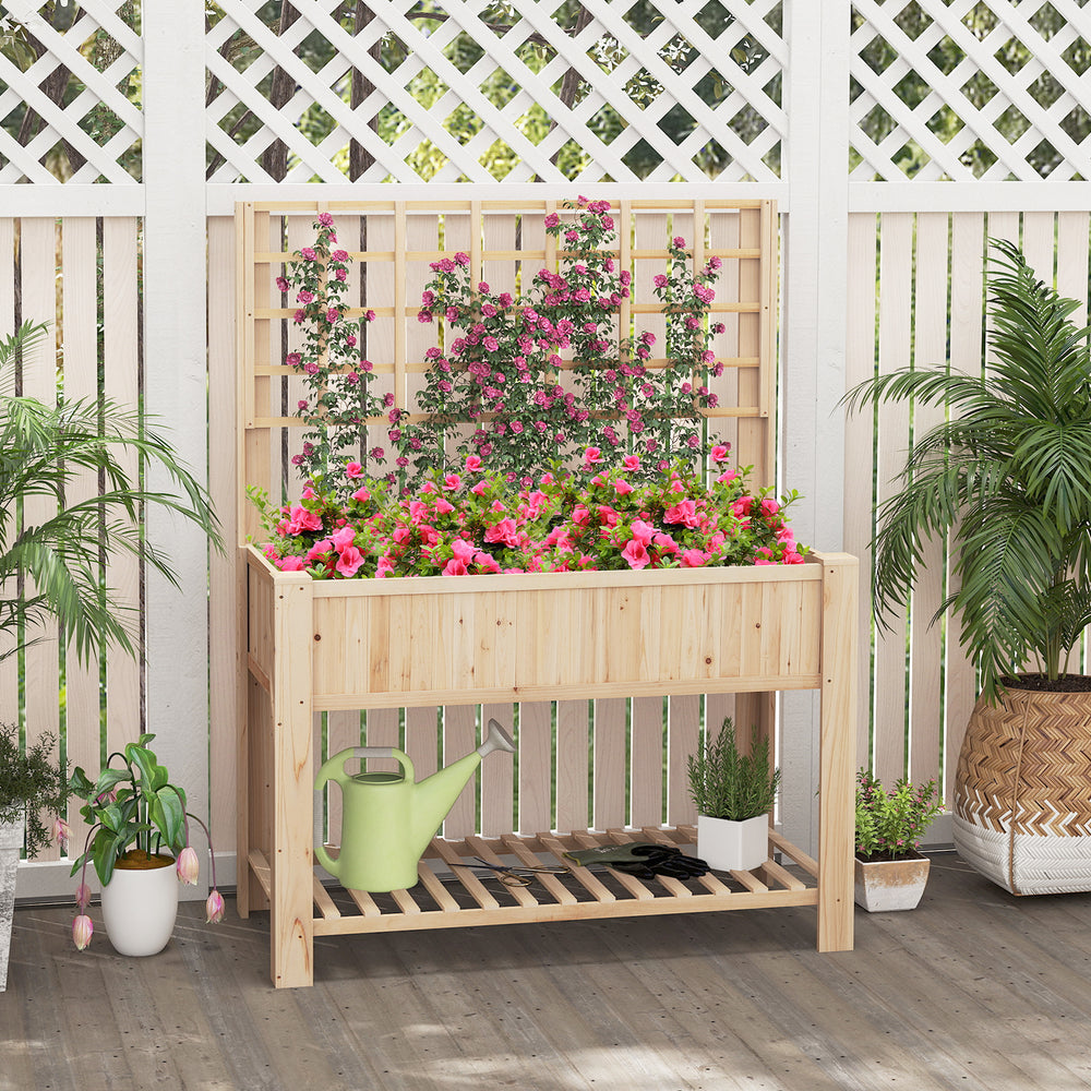 Wooden elevated planter box with trellis, crafted from fir wood, ideal for growing flowers and vegetables in your.