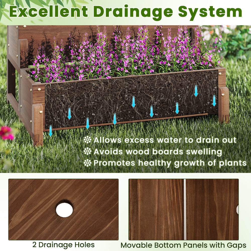 Raised garden bed with trellis showing drainage holes and movable panels, ideal for growing vegetables and fruits.
