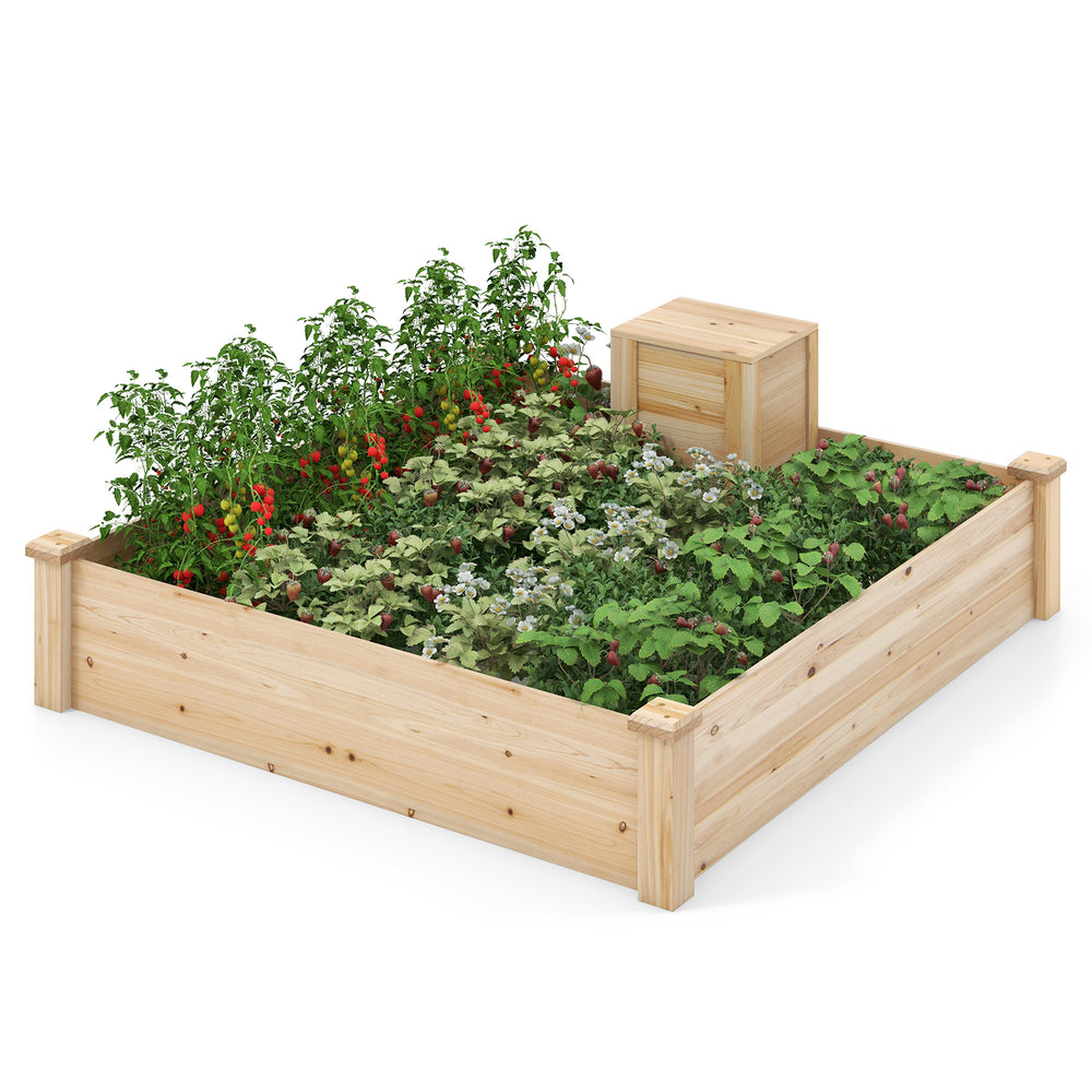 Raised garden bed with compost bin, made of durable fir wood, ideal for growing flowers, fruits, and vegetables.