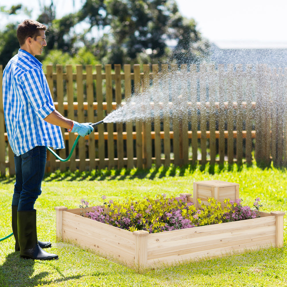 Raised garden bed with compost bin, made of durable fir wood, ideal for growing flowers and vegetables in your backyard.