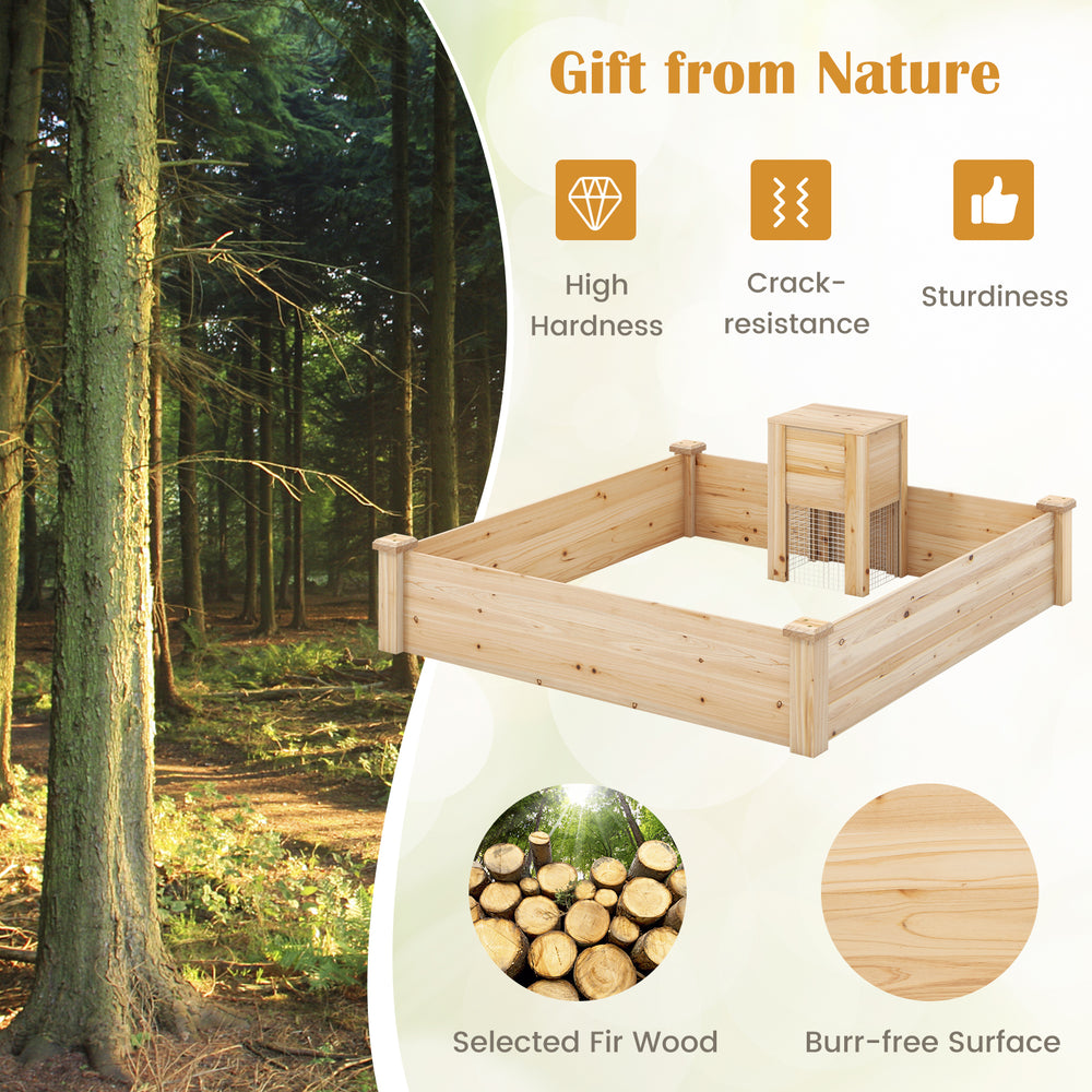 Raised garden bed made of selected fir wood, featuring a compost bin and open-ended bottom for optimal drainage.