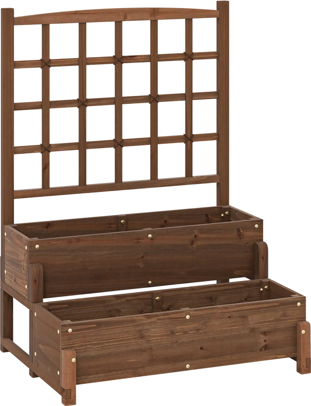 2-tier wood planter box with trellis in rustic brown, ideal for growing vegetables and climbing plants, featuring.