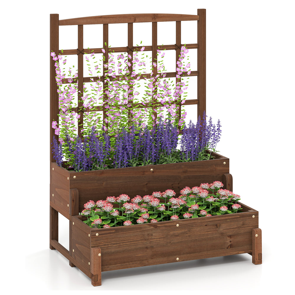 2-tier wooden planter box with climbing trellis in rustic brown, perfect for vertical gardening and enhancing outdoor.