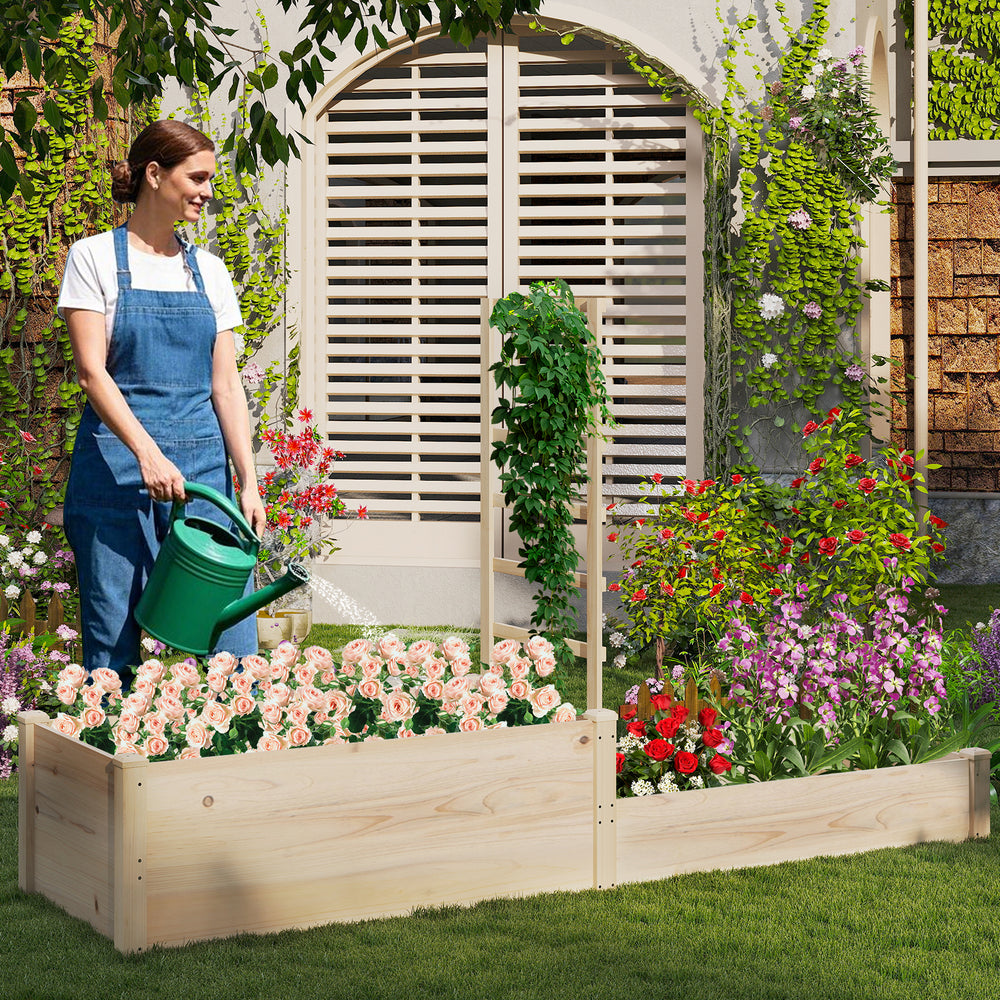 Wooden raised garden bed with trellis, featuring two planter boxes for flowers and vegetables, ideal for outdoor.