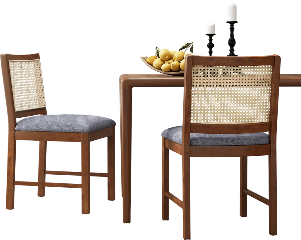 Rattan dining chair set of 2 with rubber wood frame and linen fabric padded seats, perfect for dining rooms or offices.