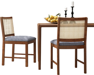 Costway Rattan Dining Chairs Set of 2 Walnut Linen Padded Seat Rubber Wood Frame 96521873 New