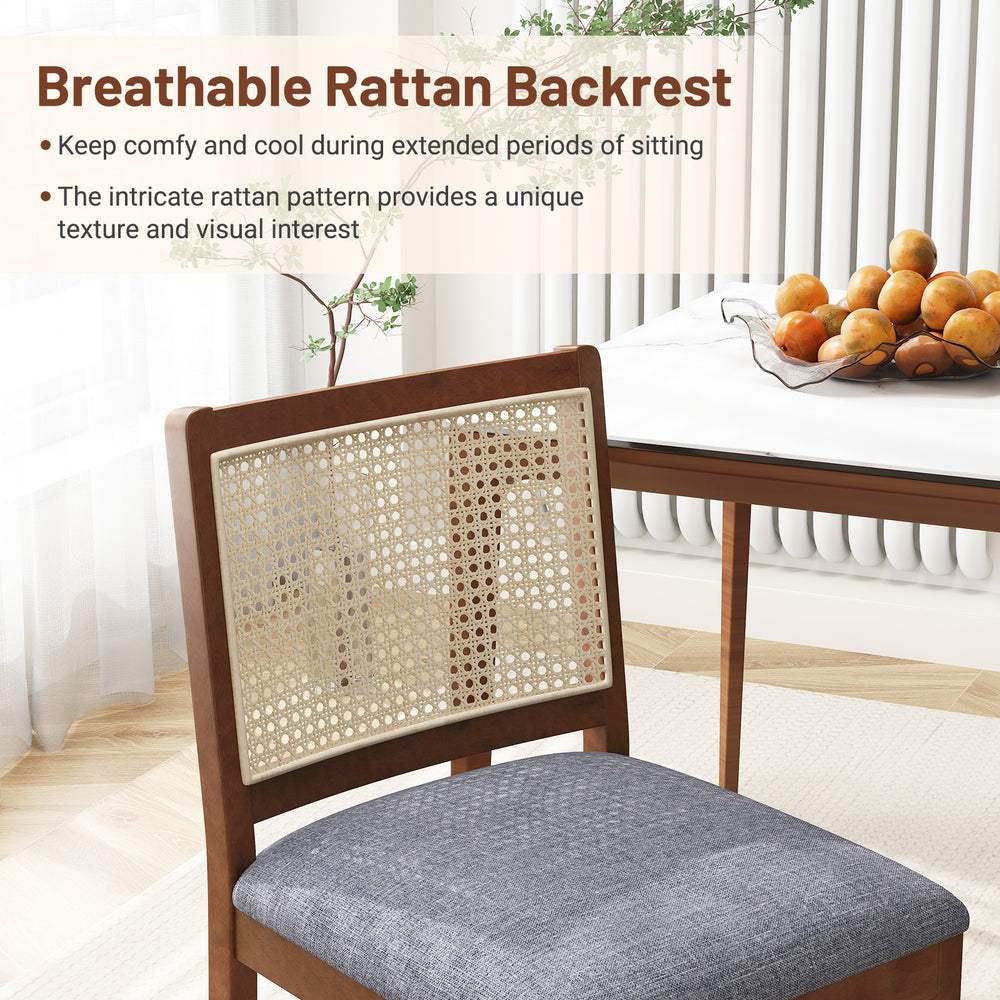 Rattan dining chair with rubber wood frame and padded linen seat, featuring a breathable rattan backrest for comfort.
