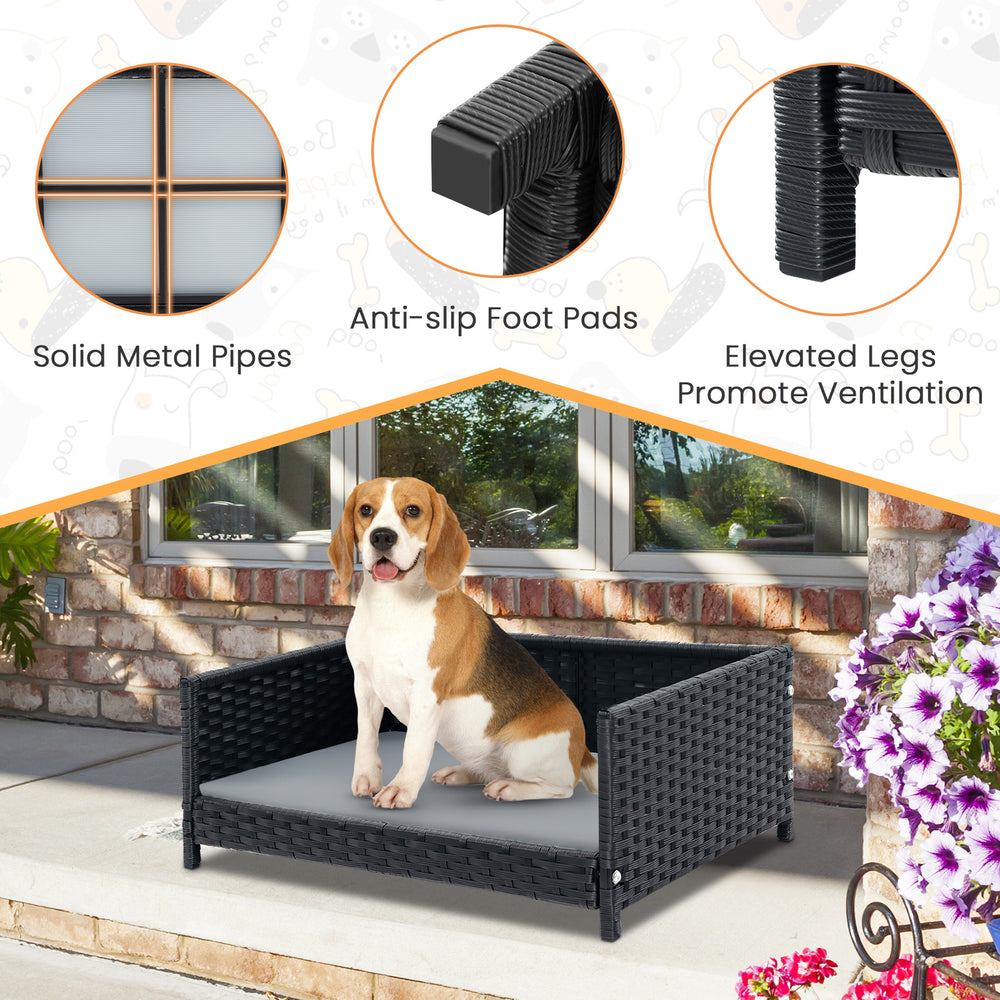 Rattan dog bed with waterproof cushion, sturdy metal tubes, and elevated legs for outdoor comfort and ventilation.
