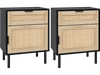Rattan nightstand set of 2 with drawer and cabinet, featuring natural wood accents and sturdy metal legs for stability.