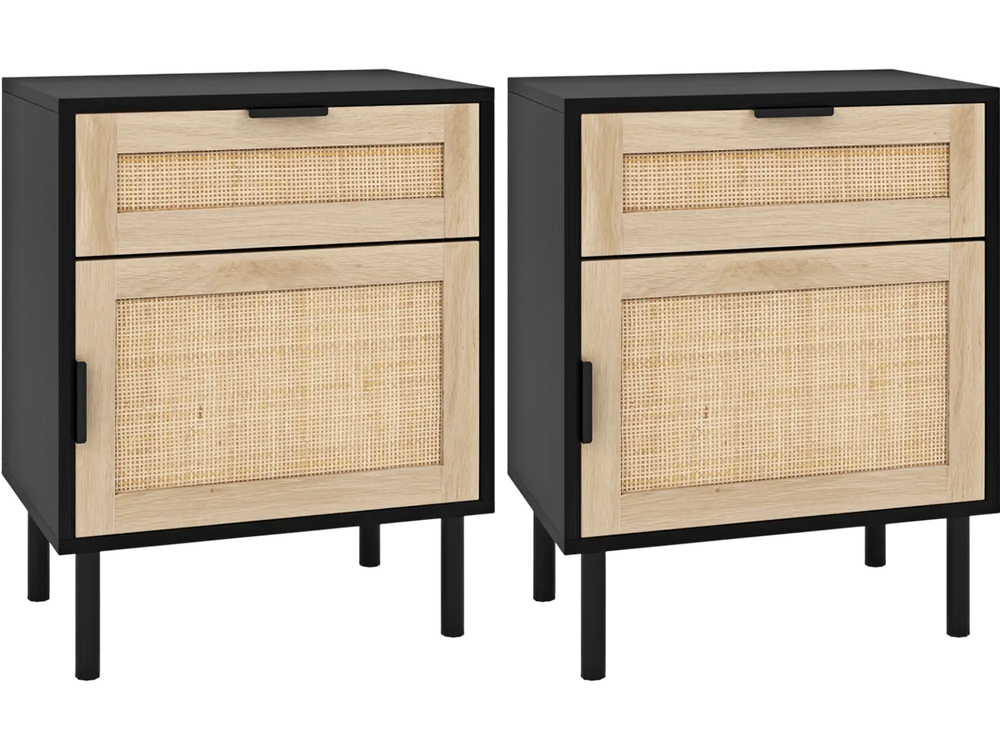 Rattan nightstand set of 2 with drawer and cabinet, featuring natural wood accents and sturdy metal legs for stability.