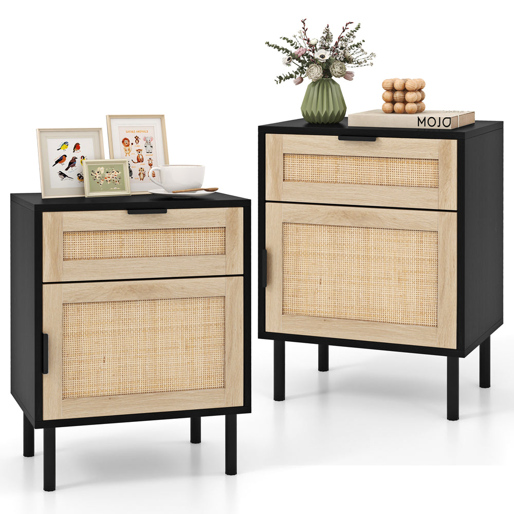 Rattan nightstand set of 2 with drawer and cabinet, featuring natural wood finish and sturdy metal legs for bedroom.