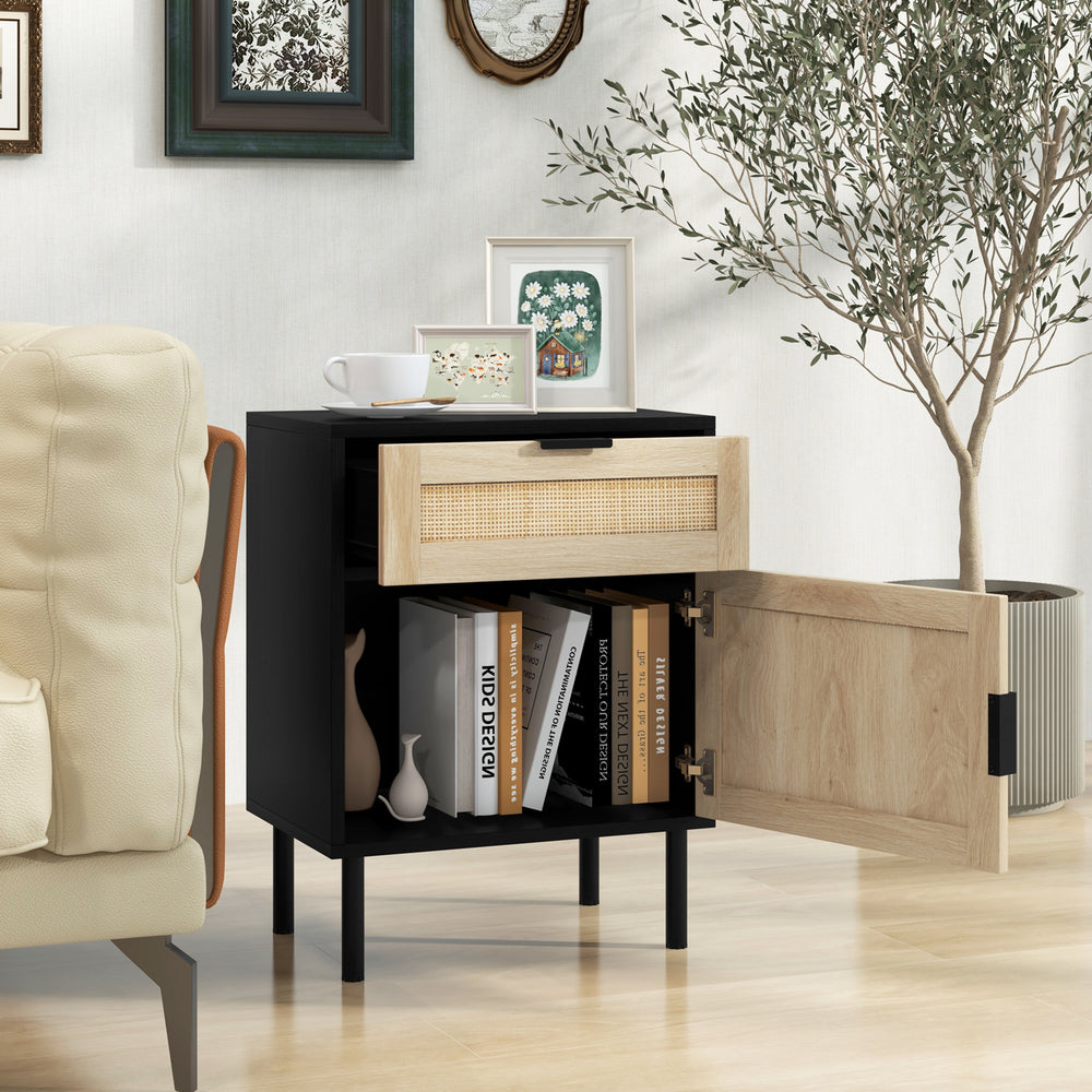 Rattan nightstand with drawer and cabinet, featuring a natural finish and sturdy metal legs, ideal for bedroom or.